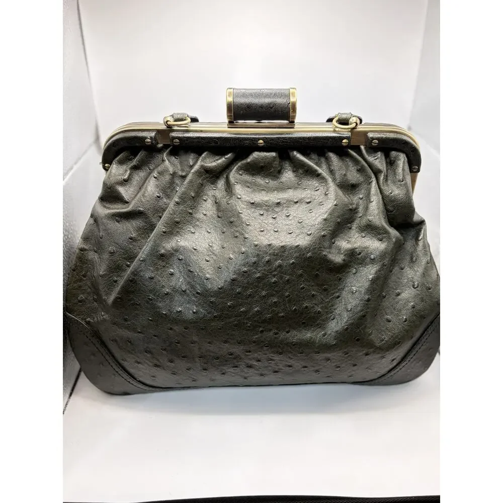 Tracy Reese Ostrich Embossed Leather Doctor‎ Bag Green Frame Satchel Kiss Lock